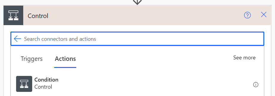 Figure 1 - Power Automate search for Control blocks.