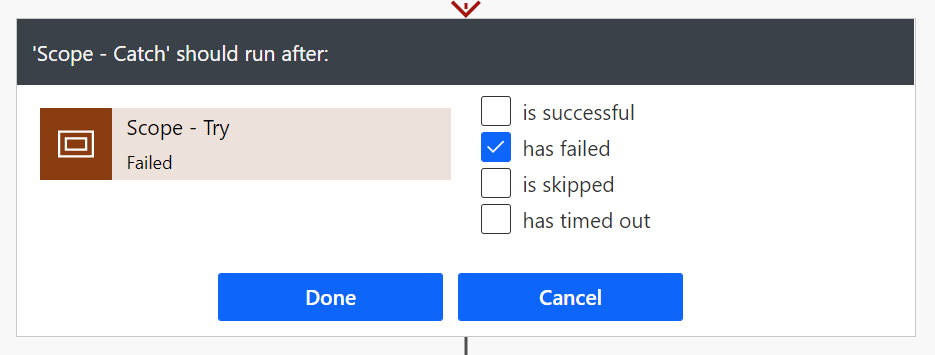 Figure 3 - Power Automate Configure run after "Try" scope.