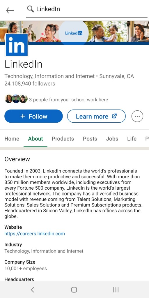 Figure 1 - LinkedIn profile in the native Android app.