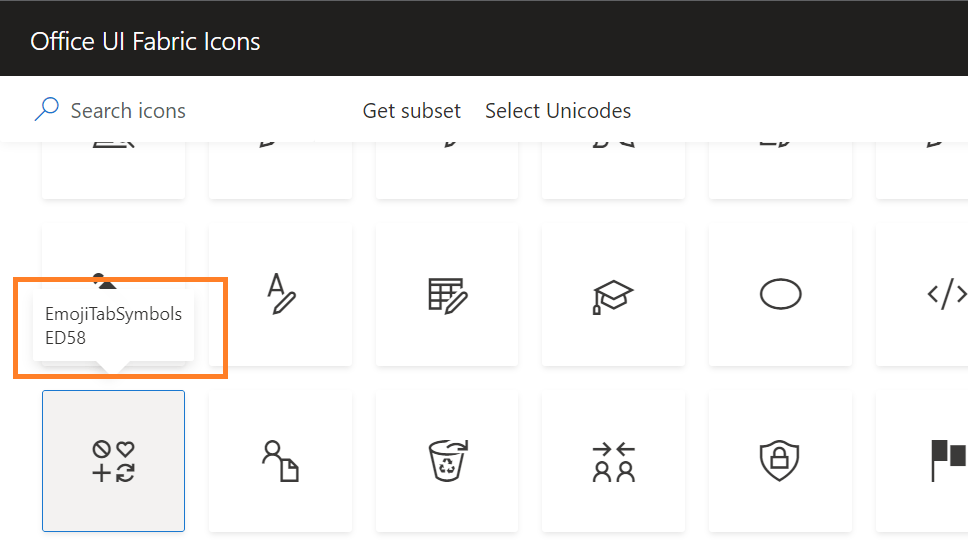 Figure 5 - Office UI Fabric Icons listing.