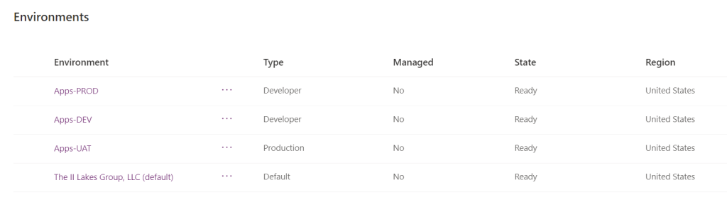 Figure 1 - Power Platform admin center view of environments.