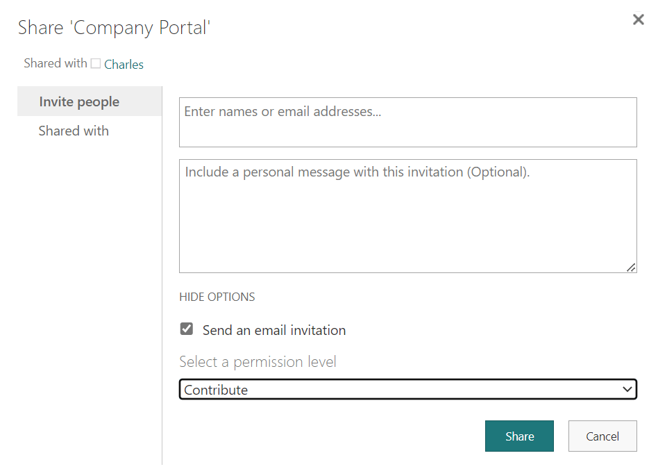Figure 3 - SharePoint Online option to share site with Contribute permissions.