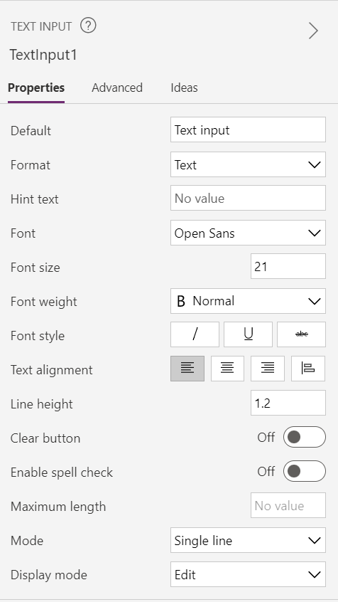 Figure 1 - Canvas app text input control properties.