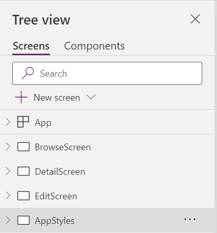 Figure 3 - Power Apps canvas app Tree view with hidden screen.