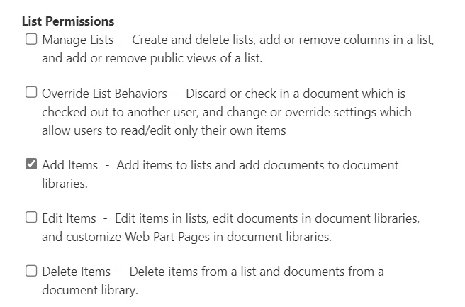 Figure 1 - SharePoint Online permission level for list: Add Items.