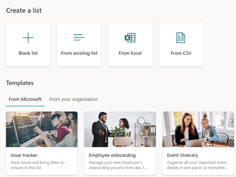 Figure 1 - Microsoft Lists creation options.