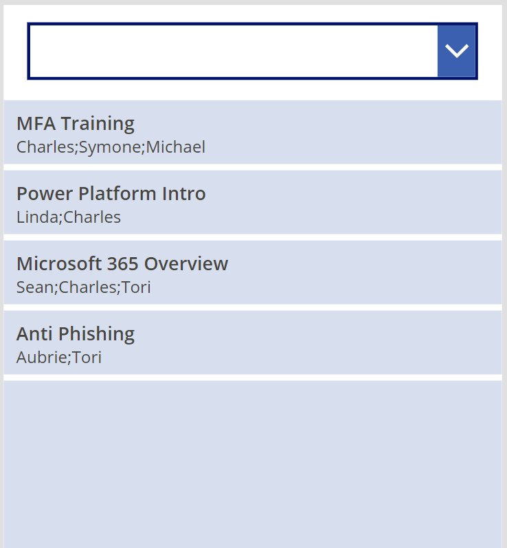 Figure 4 - Canvas app dropdown with no selection and all gallery items.