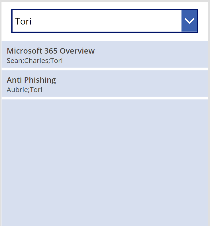 Figure 5 - Canvas app dropdown with 'Tori' selected and gallery items filtered.