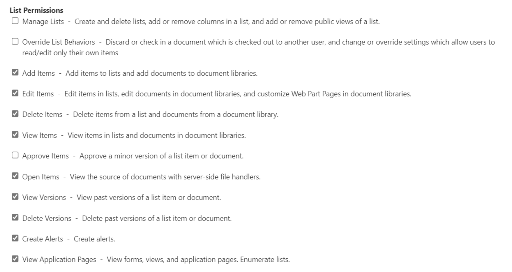 Figure 4 - SharePoint edit permission level options.