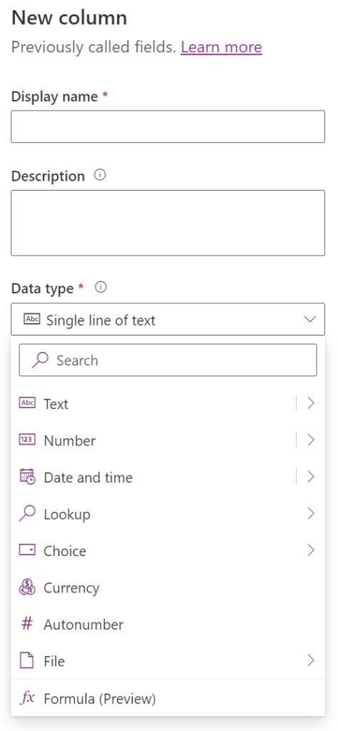 Figure 6 - Microsoft Dataverse new column options.