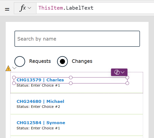 Figure 1 - Canvas app with vertical gallery and a search box.