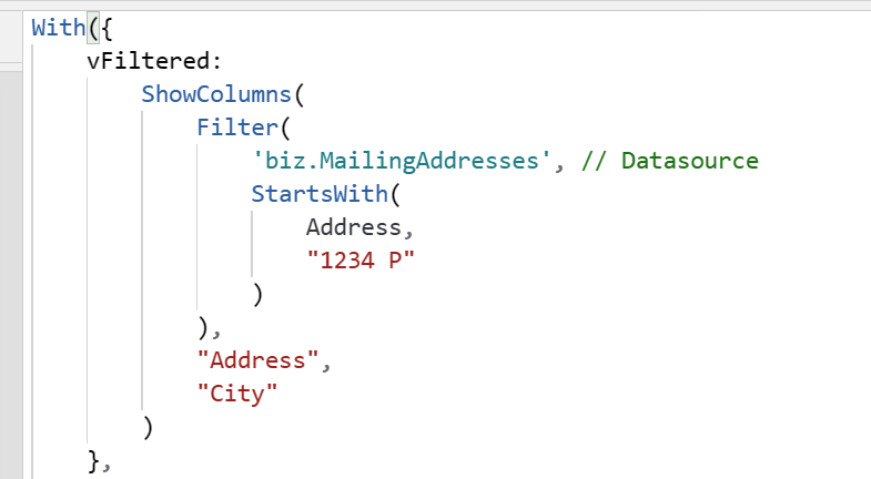 Figure 2 - Power Fx logic to filter data source and store results in a variable.