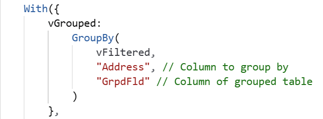 Figure 3 - Power Fx logic to group filtered data and store results in a variable.