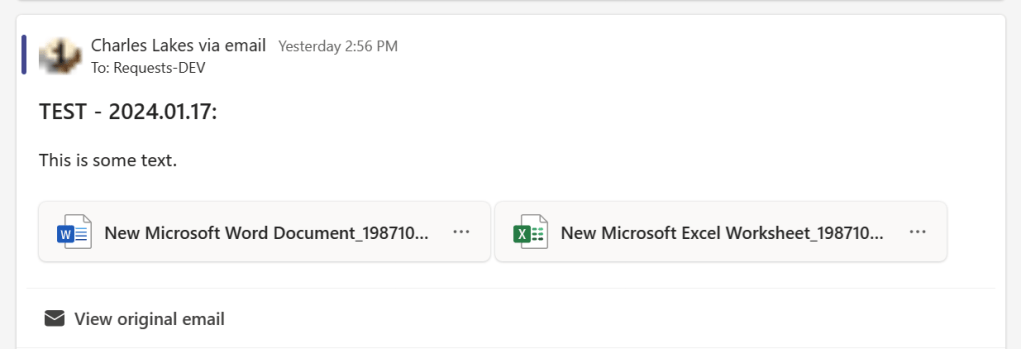 Figure 3 - Test email for the Microsoft Teams DEV channel.