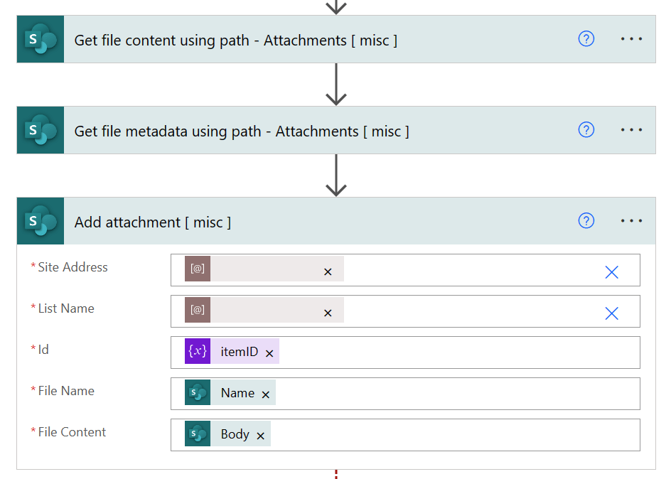 Figure 12 - Power Automate cloud flow logic to add email attachments as SharePoint Online list item attachments, using solution connections.