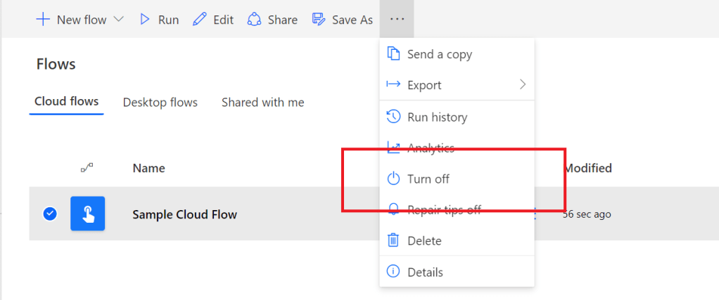 Figure 1 - Power Automate cloud flow setting option: Turn off.