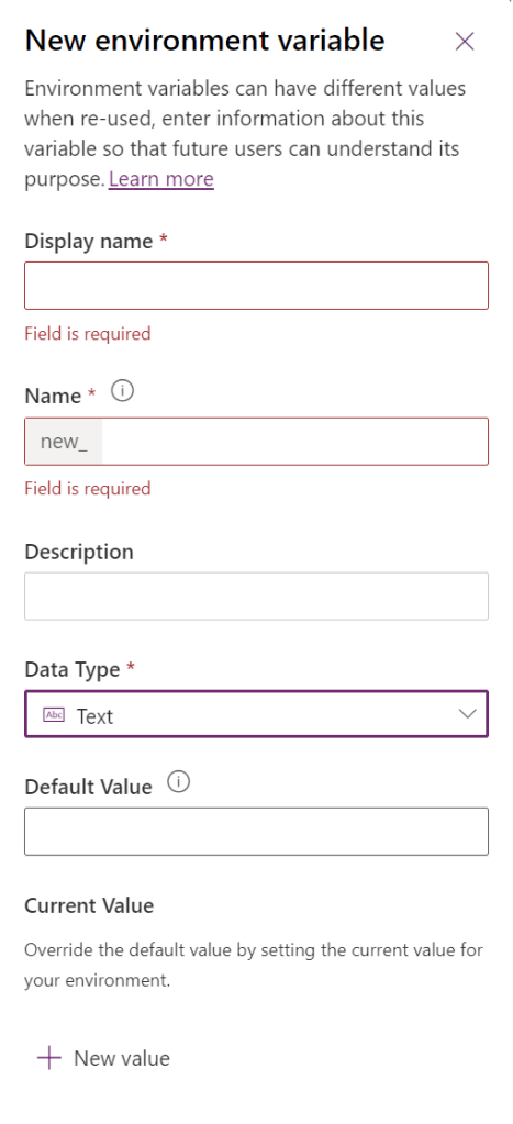 Figure 5 - Power Platform solution open to create new environment variable as a string.