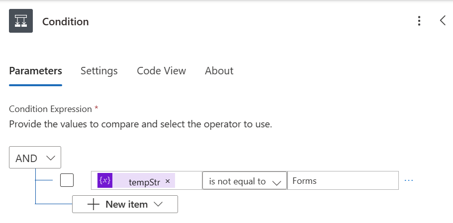 Figure 7 - Power Automate cloud flow condition to ignore the "Forms" folder.