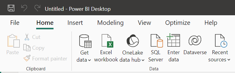 Figure 1 - Power BI ribbon options to Get data.