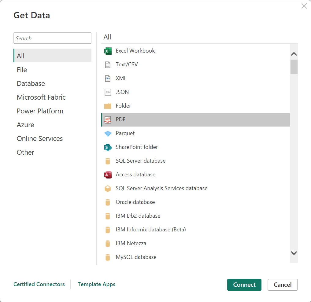 Figure 2 - Power BI Get data from PDF option.