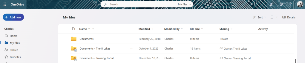 Figure 3 - OneDrive for Business account with content shortcuts from SharePoint Online libraries.