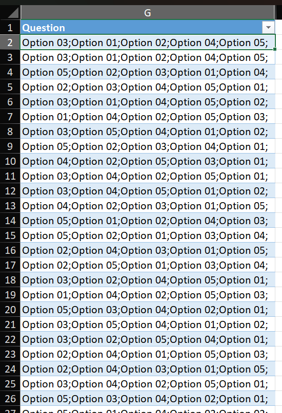 Figure 2 - Microsoft Forms survey results exported into Excel.