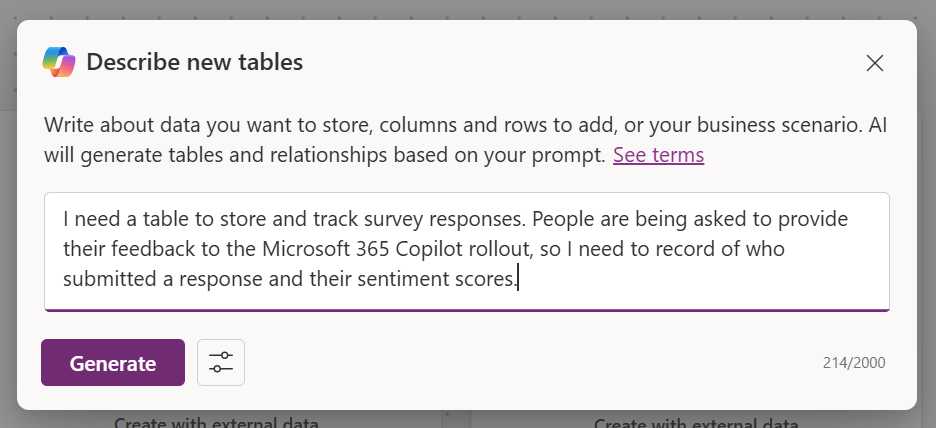 Figure 5 - Microsoft Copilot example prompt for Dataverse tables.