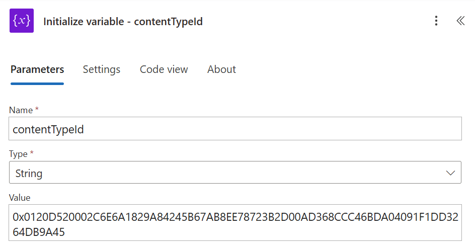 Figure 5 - Power Automate flow variable contentTypeId.