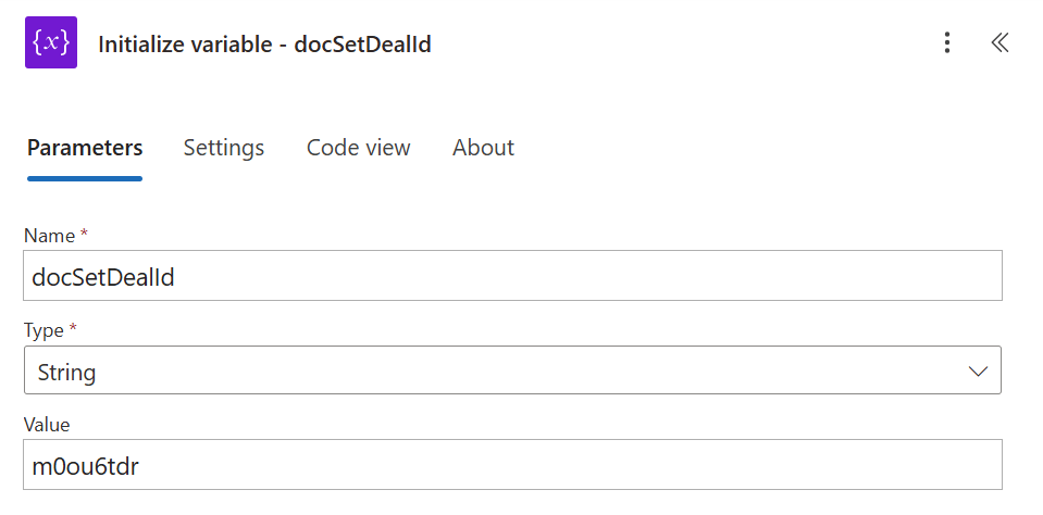 Figure 4 - Power Automate flow variable docSetDealId.
