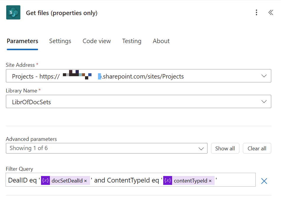 Figure 6 - Power Automate Get files (properties only) action.
