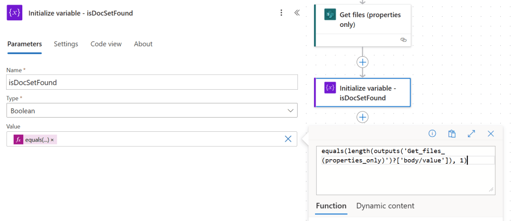 Figure 8 - Power Automate flow logic for isDocSetFound.