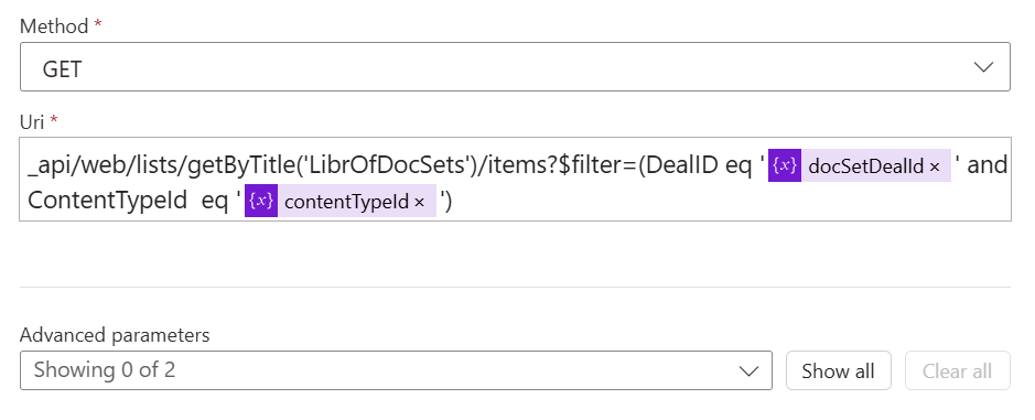 Figure 4 - Power Automate Send an HTTP request to SharePoint action with populated Uri parameter.