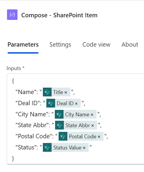 Figure 4 - Power Automate cloud flow Compose action with JSON input.