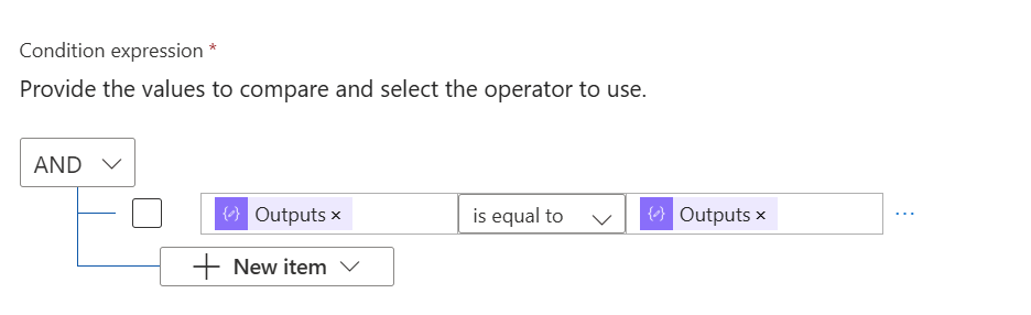 Figure 6 - Power Automate cloud flow Condition block comparing Outputs of Compose actions.