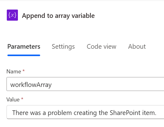 Figure 6 - Power Automate cloud flow Append to array variable with text.