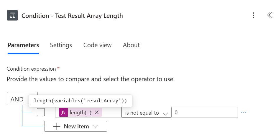 Figure 1 - Power Automate cloud flow Condition block. Is the array length zero?