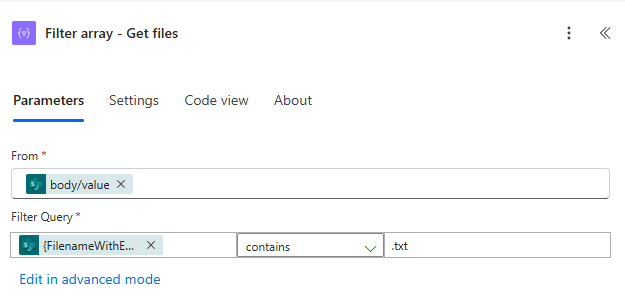 Figure 3 - Power Automate cloud flow with Filter array action, returning files matching a file extension.