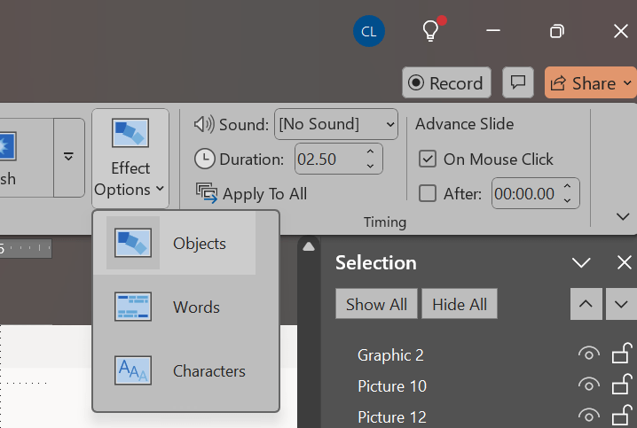 Figure 3 - PowerPoint Morph transition configuration options.