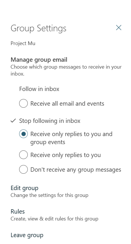 Figure 6 - Outlook Group Settings for Microsoft 365 group mailbox.