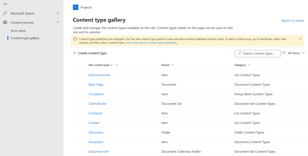 Figure 3 - SharePoint Online list of site content types.
