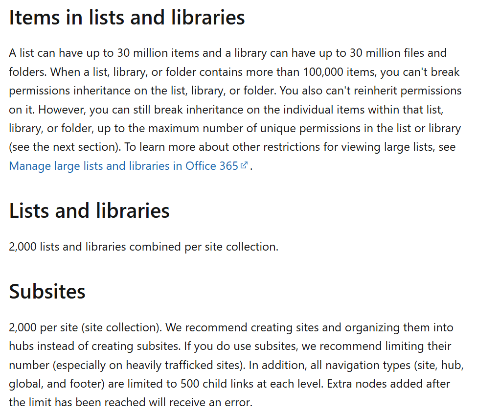 Figure 1 - Microsoft 365 service limits for SharePoint Online.