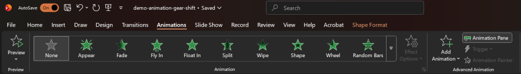 Figure 2 - PowerPoint ribbon menu options for Animations.