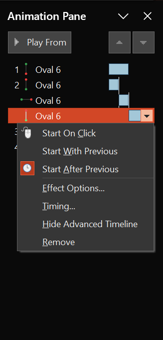 Figure 7 - PowerPoint Animation Pane with open options menu for a line motion.