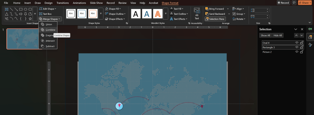 Figure 4 - PowerPoint slide with "Merge Shapes" options for oval and rectangle.