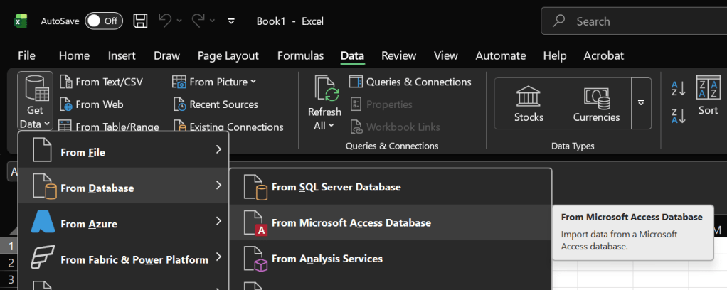 Figure 3 - Microsoft Excel workbook with actions to import data from Microsoft Access Database.