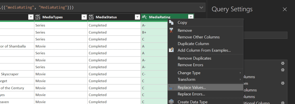 Figure 5 - Power Query feature to Replace Values during the transformation process.