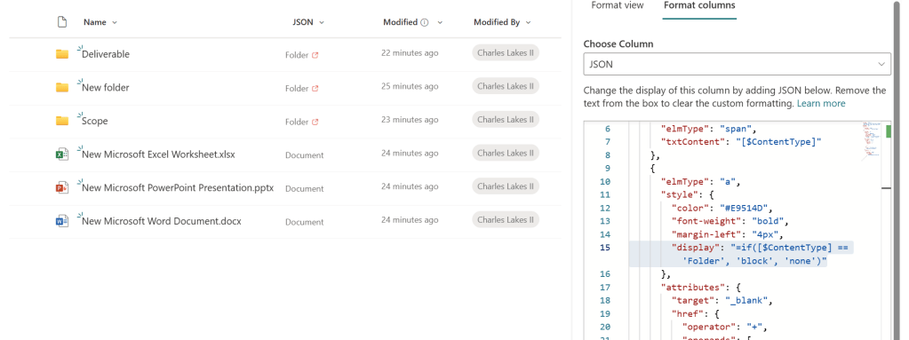 Figure 3 - SharePoint Online library column formatting with JSON to hide element if not a folder.