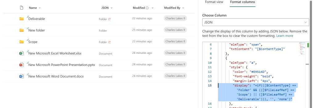 Figure 4 - SharePoint Online library column formatting with JSON to hide element if not specific folders.