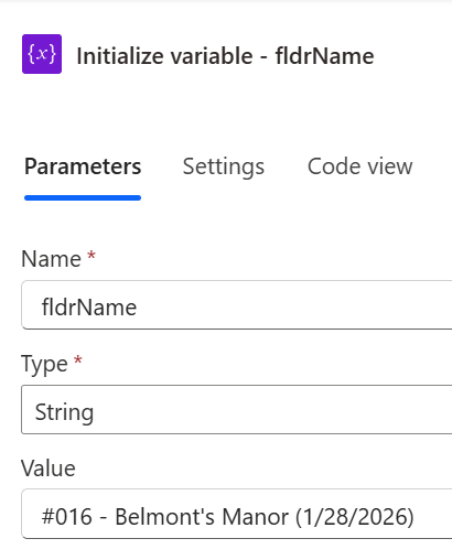 Figure 1 - Power Automate cloud flow string variable with project name.