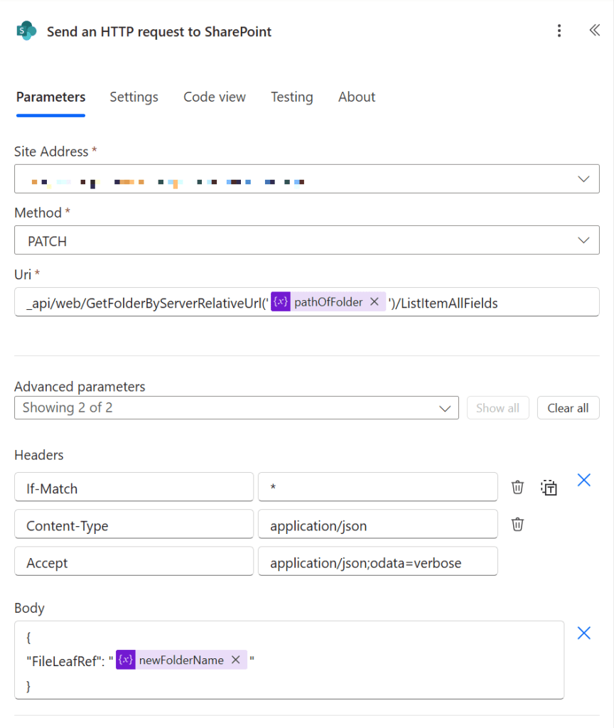 Figure 4 - Power Automate cloud flow Send an HTTP request to SharePoint action.